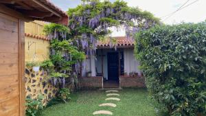 een toegang tot een huis met een krans van paarse bloemen bij Casa Rural La Gañanía in Los Realejos