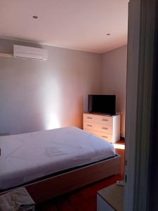sypialnia z łóżkiem i telewizorem na komodzie w obiekcie Appartamento luminosissimo con vista panoramica w mieście Marina di Cerveteri