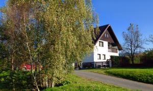 a white house with a tree next to a road at Apartment U Anděla in Dlouhá Ves