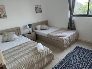 a bedroom with two beds and a rug at Coastal View in Grand Baie