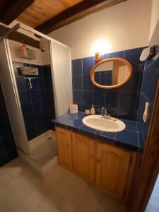 a bathroom with a sink and a mirror and a shower at Maison familiale en Périgord (Billard+Cheminée) 