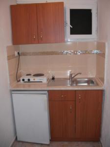 a small kitchen with a sink and a microwave at Aris House in Paralia Katerinis