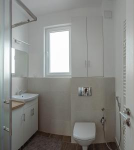 a bathroom with a toilet and a sink and a window at Solomon Apartments Ap 4 in Sângeorgiu de Mureș