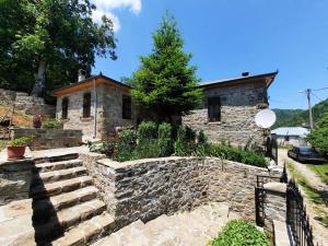 une maison en pierre avec un mur et des escaliers en pierre dans l'établissement Vila Korchari Dardhe, à Korçë