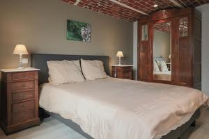 ein Schlafzimmer mit einem großen Bett und einem großen Spiegel in der Unterkunft Vakantiewoning Tilia in Zottegem