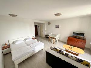 a bedroom with a bed and a tv and a couch at Apartments Arena in Pula