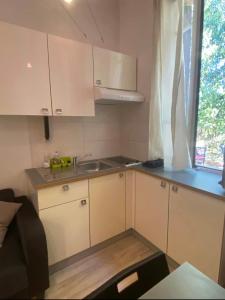 una pequeña cocina con fregadero y ventana en Petit studio bien placé jardin et parking gratuit, en Toulouse