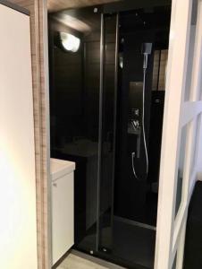La salle de bains est pourvue d'une douche avec une porte en verre. dans l'établissement Petit studio bien placé jardin et parking gratuit, à Toulouse