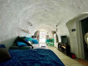 Mermaid Cave Apartment Old Port, Fira في فيرا: غرفة نوم بسرير واريكة في غرفة