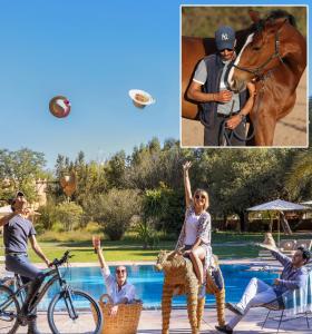 a collage of pictures of a man and a woman playing frisbee at La Vie En Rose in Marrakech