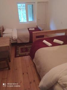 una camera con due letti, un tavolo e una finestra di Gama Guesthouse a Roshka