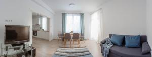a living room with a couch and a table with chairs at Solomon Apartments Ap 3 in Sîngeorgiu de Mureş