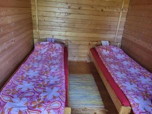 two beds in a room with wooden walls at Lõunamatkad in Kiidjärve