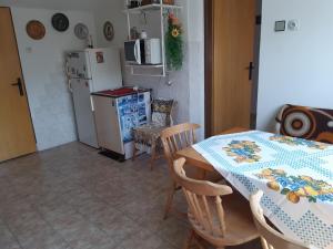 a kitchen with a table and chairs and a refrigerator at Apartmán v rodinném domě in Dětenice