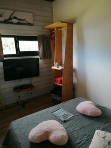 um quarto com uma cama com duas almofadas e uma televisão em le domaine de jade em Rivière du Mât-les Hauts