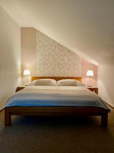 Penzión DOMES في تشادتسا: غرفة نوم بسرير كبير فيها مصباحين