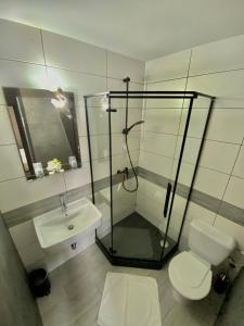 a bathroom with a shower and a toilet and a sink at Penzión DOMES in Čadca