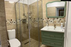 een badkamer met een douche, een toilet en een wastafel bij Pensiunea Mireasma Bucovinei in Crucea