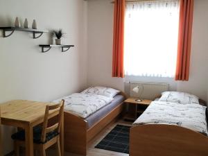 a room with two beds and a table and a window at Ferienwohnung-Kappl in Tännesberg