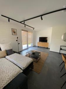 ein Wohnzimmer mit einem Bett und einem TV in der Unterkunft TWIN HOUSE in Gyál