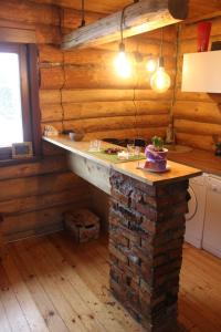 uma cozinha com um balcão de pedra num chalé de madeira em Zaķu muiža em Anspoki