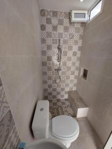 a small bathroom with a toilet and a shower at Dar Fatma in Hammamet