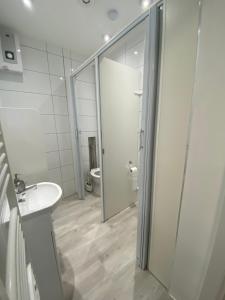 a bathroom with a shower and a sink and a toilet at Noclegi Pracownicze Parking Busy in Gorzów Wielkopolski