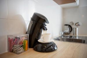 eine Kaffeemaschine auf einer Theke in der Unterkunft Magnifique appartement plein centre, calme, Netflix in Mirepoix + 22 Fotos