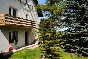 a tree in front of a building with a balcony at Pokoje u Ani in Srokowo