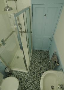 a bathroom with a shower and a toilet and a sink at Hawthorn Cottage in Uig
