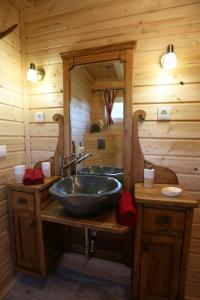 ein Badezimmer mit einem Waschbecken in einer Blockhütte in der Unterkunft EHM Baumhaus Chalet in Mesteri