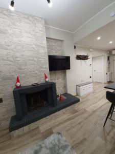 a living room with a fireplace and a tv at Casa di Nastya in Pretoro