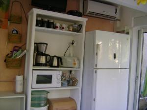 eine Küche mit einem weißen Kühlschrank und einer Mikrowelle in der Unterkunft Gite à Bandol in Bandol