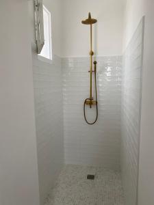 a bathroom with a shower with white tiles at La belle Histoire in Carcassonne