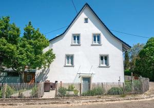 ein weißes Haus mit einem Zaun davor in der Unterkunft Ferienwohnung Im Weingewölbe in Staufen im Breisgau