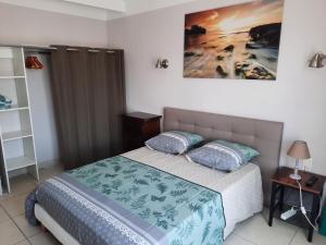 1 dormitorio con 1 cama y una pintura en la pared en Chambre privée climatisée chez particulier, WIFI proche du Grand St Charles, en Perpiñán