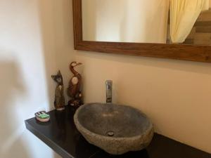 a bathroom with a stone sink and a mirror at Wonder-Land Villa in Ubud