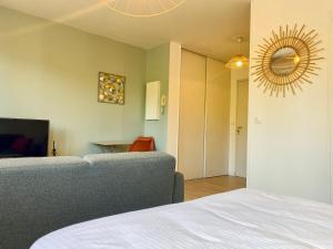 uma sala de estar com um sofá e um espelho em Appartement proche Hôpital et centre-ville em Saint-Lô