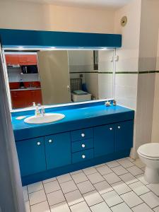 y baño con lavabo azul y espejo. en Studio spacieux vue mer au DIAMANT avec piscine, en Le Diamant