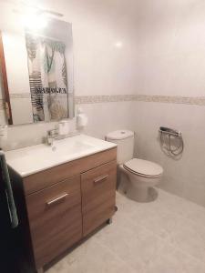 a bathroom with a toilet and a sink and a mirror at Apartamento Playa de Coto in Barreiros
