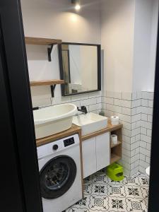 a bathroom with a washing machine and a sink at Apartament Tomek in Iława