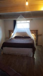 Schlafzimmer mit einem Bett mit Moskitonetz in der Unterkunft Gîte dans ancienne bergerie en pleine garrigue in Fraissé-des-Corbières