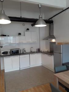 eine Küche mit weißen Schränken, Spüle und Beleuchtung in der Unterkunft LES LILAS in Les Lilas