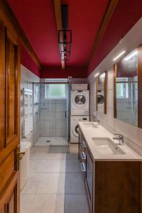 a bathroom with a sink and a washing machine at Maison Mialon: country house amidst of nature in La Esperanza