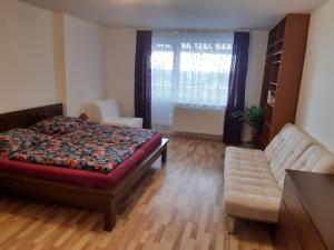 a bedroom with a bed and a couch and a window at APARTMÁNY Fortuna in Vysoké Tatry