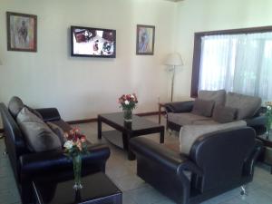 The Milimani Lodge في أروشا: غرفة معيشة مع أرائك وتلفزيون على الحائط