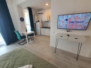 a living room with a television on a wall at Grey Residence Apartments in Tunari