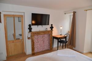 羅亞爾河畔默恩的住宿－DNJ Appart Hotel，一间卧室设有壁炉,墙上配有电视。