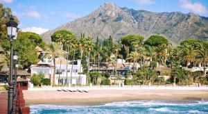 a beach with a bunch of palm trees and a mountain w obiekcie SEA VIEW Holiday Home in Marbella Resort w Marbelli