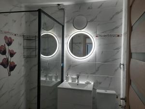 ein Bad mit einem WC, einem Waschbecken und 2 Spiegeln in der Unterkunft Apartament DeltaView Deluxe Sulina in Sulina
